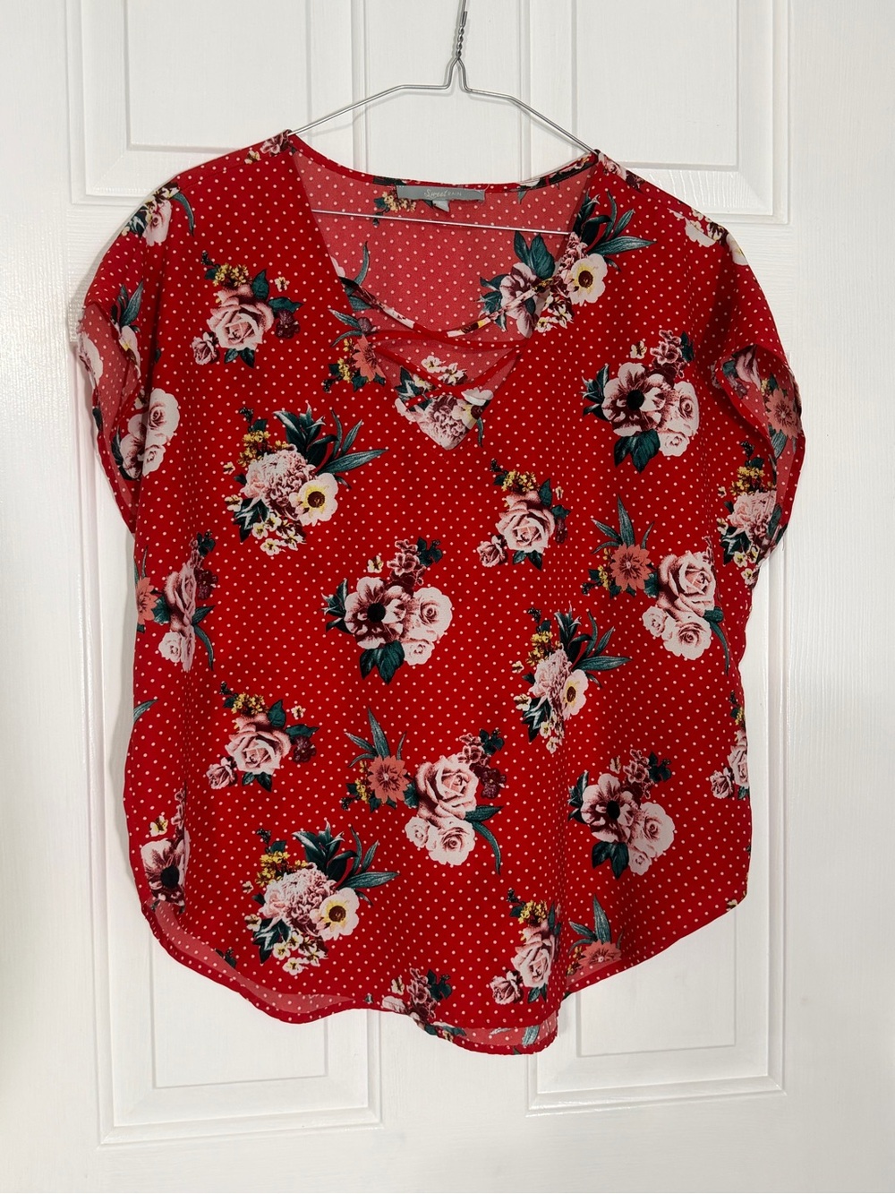 Sweet Rain Red Criss Cross Floral Boho Blouse Polka Dot Size L